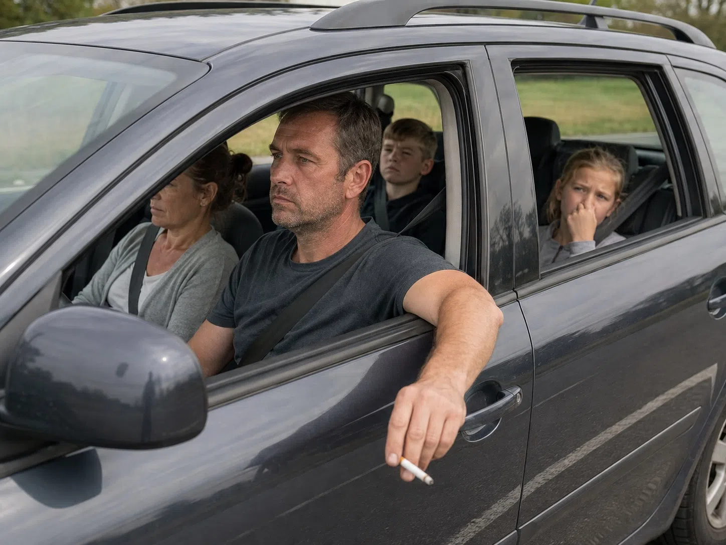 Deze foto is AI-gegenereerd. De rokende man zou in het echt natuurlijk beter twee keer nadenken voordat hij zijn sigaret opsteekt: in sommige Europese landen is roken in de auto met kinderen verboden. In Oostenrijk kan dat hem bij herhaling zelfs 1.000 euro kosten.